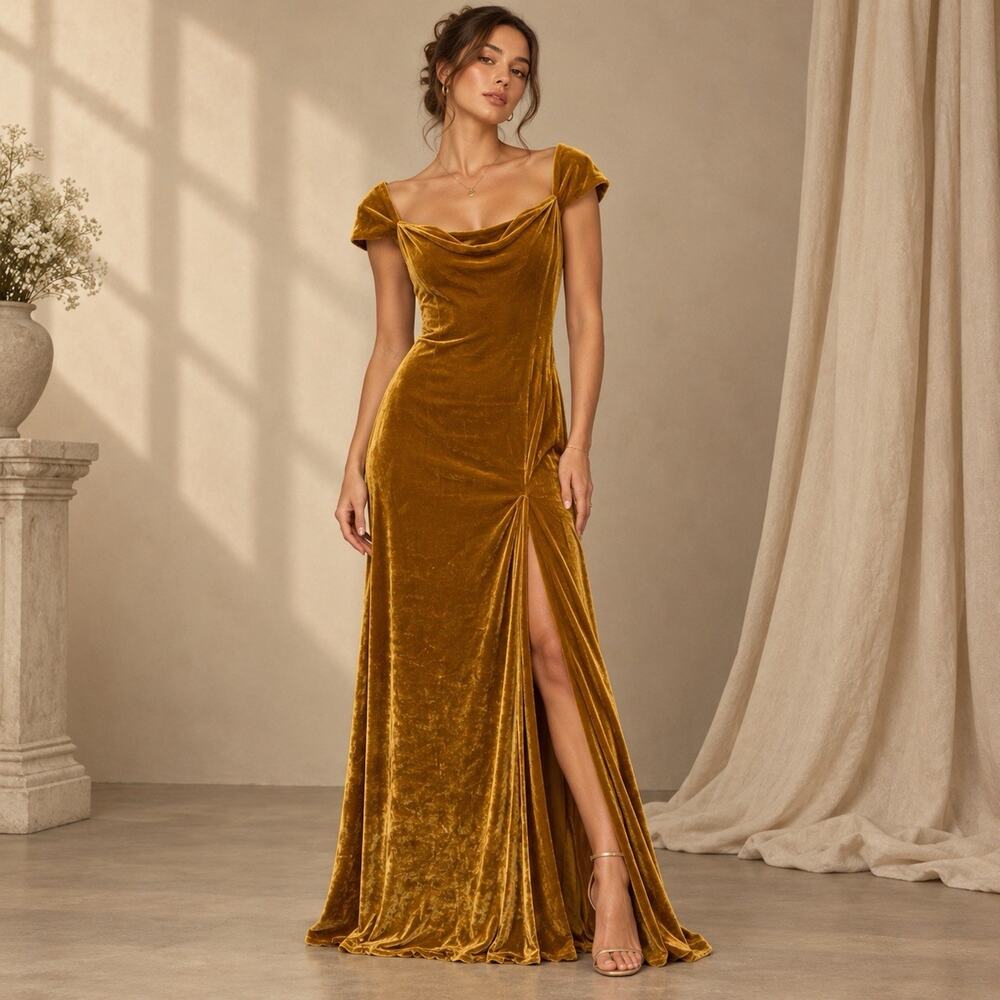 Mustard Gold Velvet Maxi Dress XS Old Hollywood Goddesscore Off Shoulder Glam